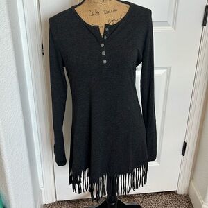 Tasha Polizzi Charcoal Gray Tunic Length Top with Fringe
